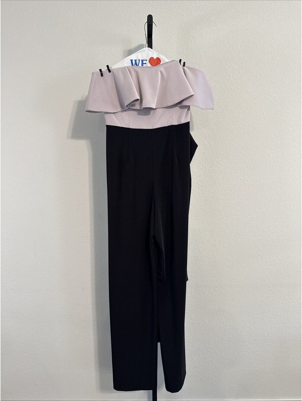Love by Theia Pink & Black Colorblock Strapless Ruffle Top Belted Jumpsuit SZ 8